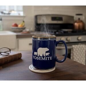 Yosemite National Park Brown Bear Souvenir Blue Coffee Mug Drip Glaze 12 oz